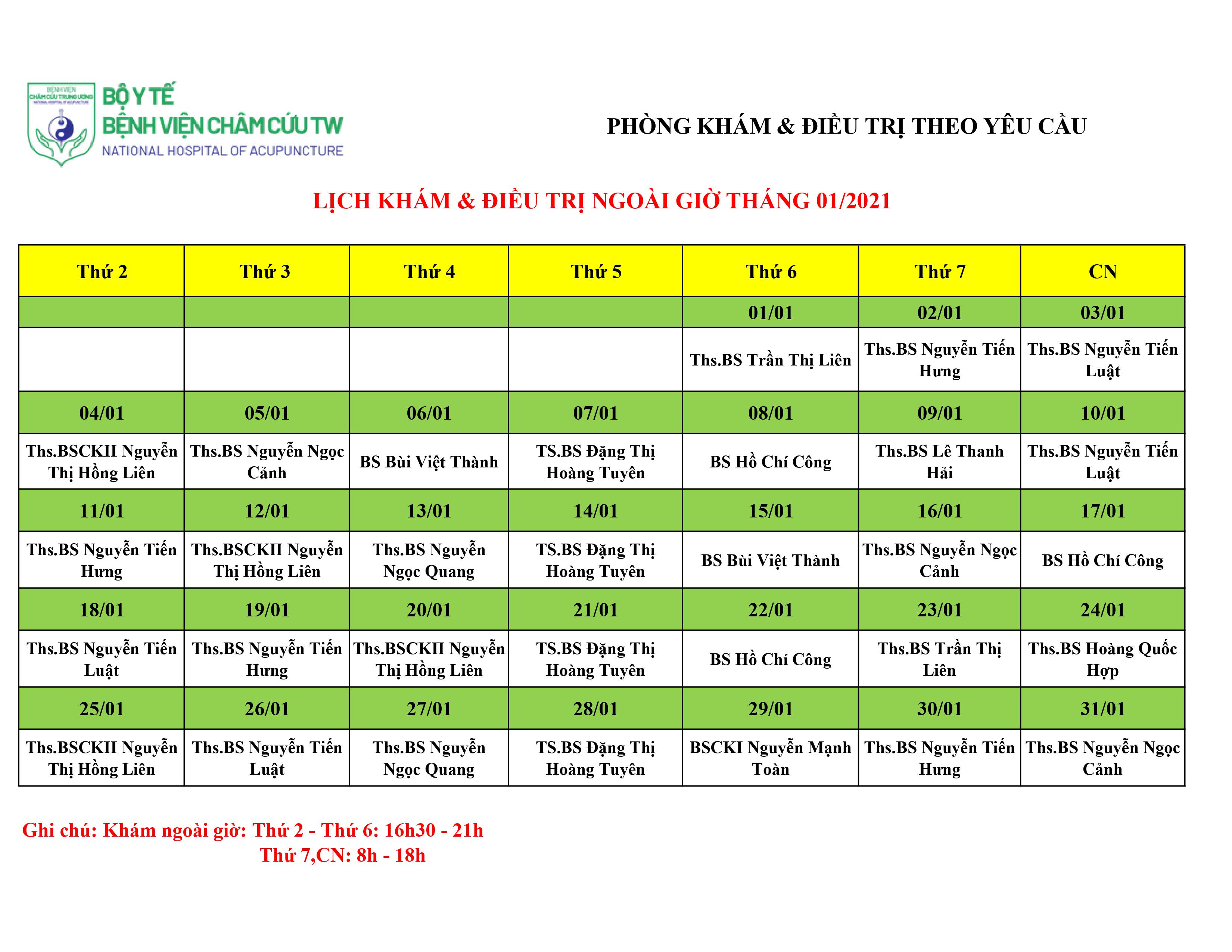 LỊCH KHÁM VÀ ĐIỀU TRỊ NGOÀI GIỜ THÁNG 1 - PHÒNG KHÁM & ĐIỀU TRỊ THEO YÊU CẦU