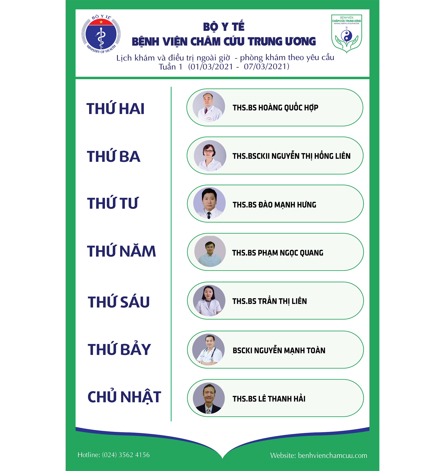 Lịch khám và điều trị ngoài giờ - Phòng khám ĐT theo yêu cầu