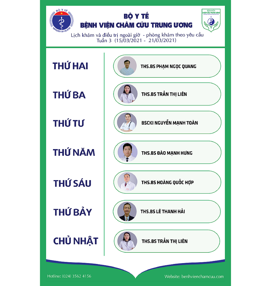 Lịch khám và điều trị ngoài giờ - Phòng khám theo yêu cầu (15/03/2021 - 21/03/2021)