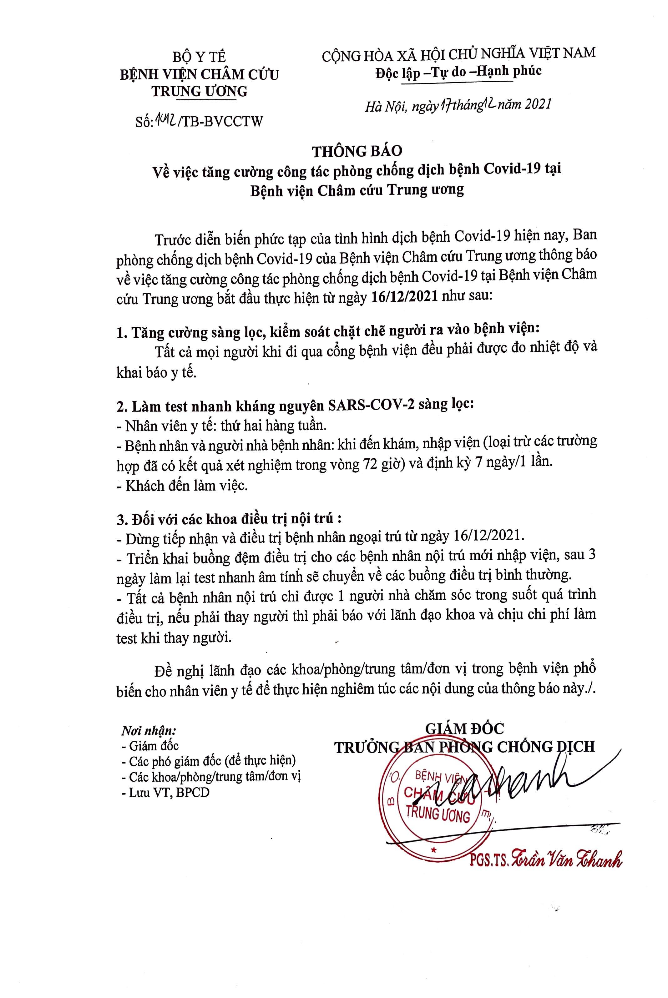 THÔNG BÁO VỀ VIỆC TĂNG CƯỜNG CÔNG TÁC PHÒNG CHỐNG DỊCH BỆNH COVID- 19 TẠI BỆNH VIỆN CHÂM CỨU TRUNG ƯƠNG
