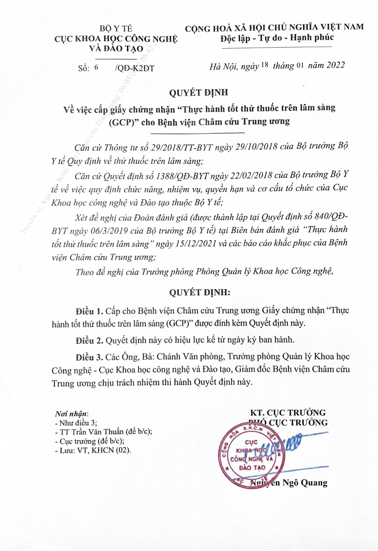 Bộ Y tế trao quyết định cấp giấy chứng nhận thực hành tốt thử thuốc trên lâm sàng (GCP) cho Bệnh viện Châm cứu Trung ương